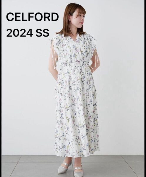 CELFORD(セルフォード)プリントリボンノースリーブワンピース 36/Sサイズ 2024 SS ホワイト 花柄 ボタニカル
