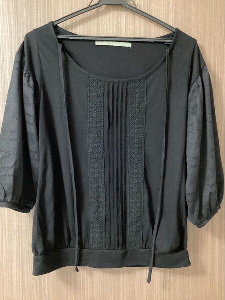 レディース 七分袖 黒 レースカットソー ボーダー Lサイズ