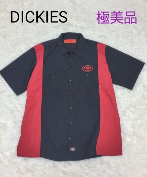 美品 DICKIES ディッキーズ 切替 XL 半袖 ワークシャツ 黒 赤 ブラックレッド
