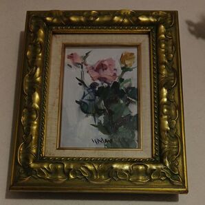 油絵 額入り ピンクと黄色のバラの絵