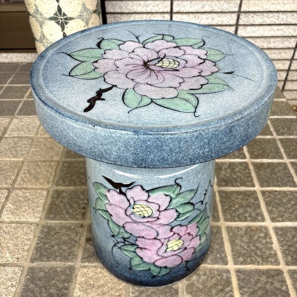 信楽焼 陶器 牡丹絵付け花台 高さ44cm 大きめで華やか!存在感あり!お庭・玄関先のアクセントに!腰掛けにもなります