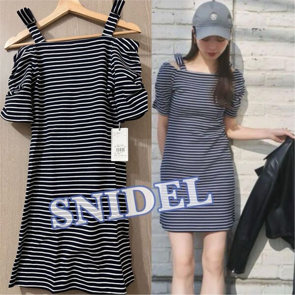 未使用タグ付き SNIDEL 半袖 ボーダーカットソーワンピース ネイビー 紺 肩リボン 袖ギャザー ミニワンピース スナイデル