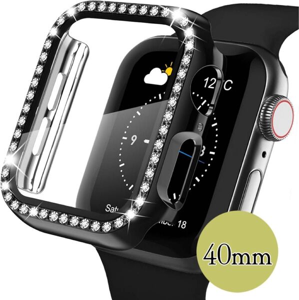 Apple Watch Case 9H強化ガラス キラキラ ダイヤモンドカバー 耐衝撃防塵 全面保護 40mmブラック