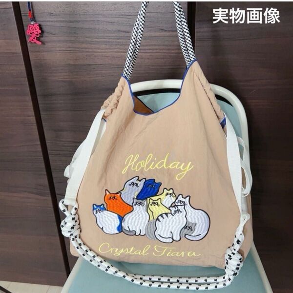 【新品N.072- B】1点 猫 可愛らしいバッグ 刺繍トートバッグ エコバッグ ストラップ付き Mサイズ お値下げ不可