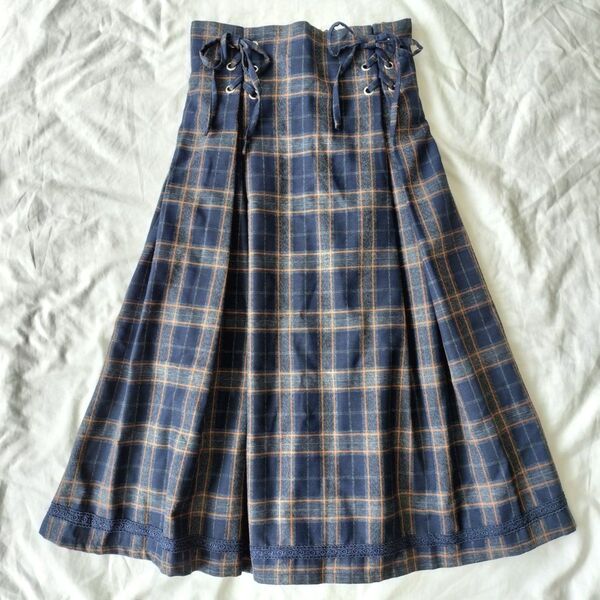 アクシーズファム サイドレースアップミディスカート M ネイビー チェック柄 axes femme