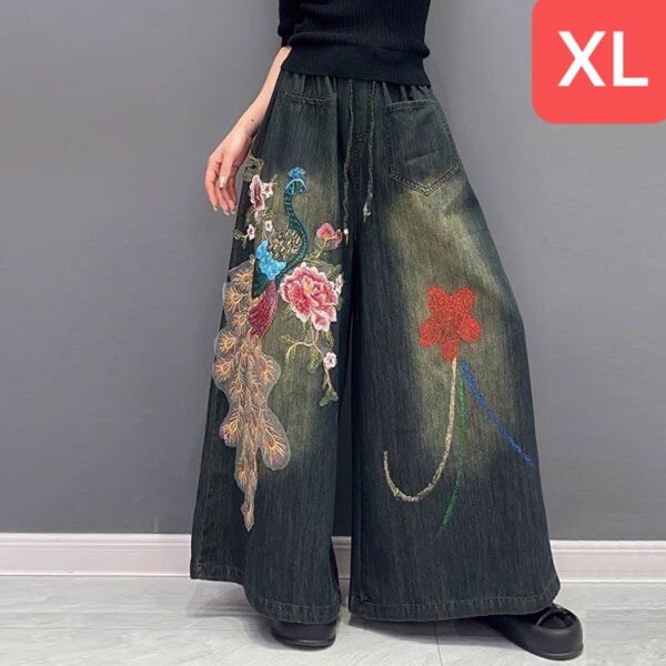 デニムパンツ レディース 美脚 刺 ワイドパンツ 春 秋 SLTD001