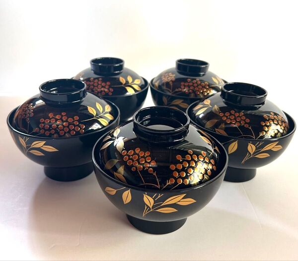 会津塗 蒔絵南天 蓋付きお吸物椀5客セット 未使用品