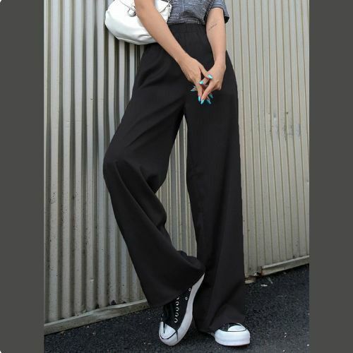 レディース ウエストゴム ワイドレッグパンツ ブラック シンプル カジュアル お洒落 可愛い520335