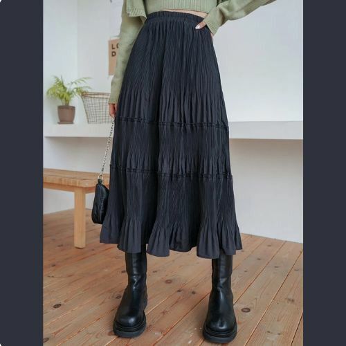 高ウエスト フレアスカート プリーツ ラッフルヘム フェミニン シルエット レディース ブラック 黒629674
