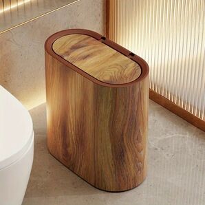 14L 木目調 角型 プラスチック製 ゴミ箱 圧力 開閉式フタ付き お洒落 インテリア ブラウン ダストボックス621567