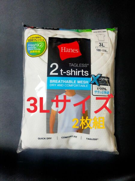 3Lサイズ 2枚組【抗菌防臭】インナー Tシャツ Hanes 肌着 下着 紳士 丸襟 白無地 メッシュ X-TEMP 半袖丸首