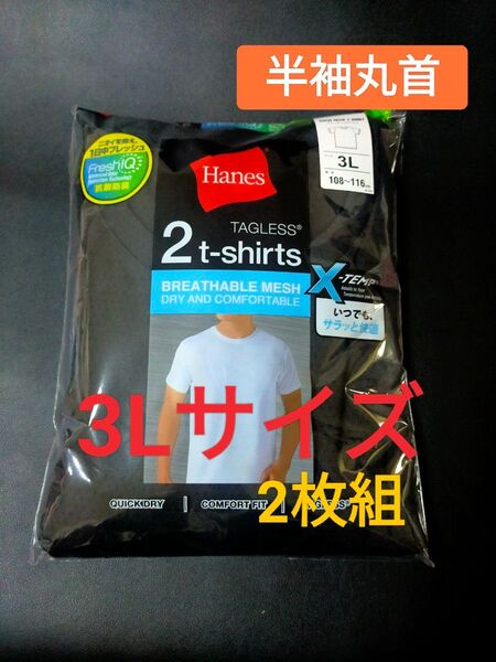 3Lサイズ 2枚組【抗菌防臭】インナー Tシャツ Hanes 肌着 下着 紳士 丸襟 黒無地 メッシュ X-TEMP 半袖丸首