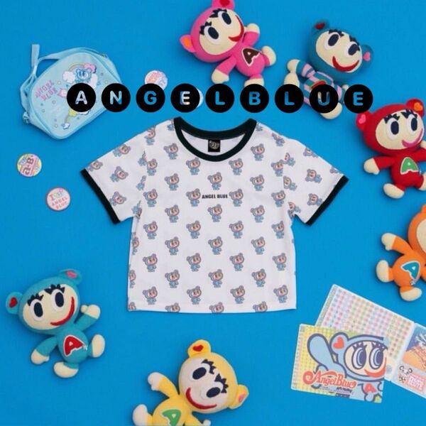 クーポン利用可★【Lサイズ】エンジェルブルー ナカムラくん総柄ショート丈Tシャツ フワちゃん 極美品 貴重