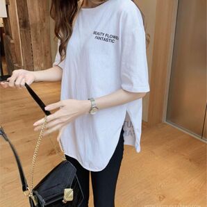 ロゴTシャツ ホワイト 韓国 レディース夏服ラウンドカット ビッグシルエットTシャツ M