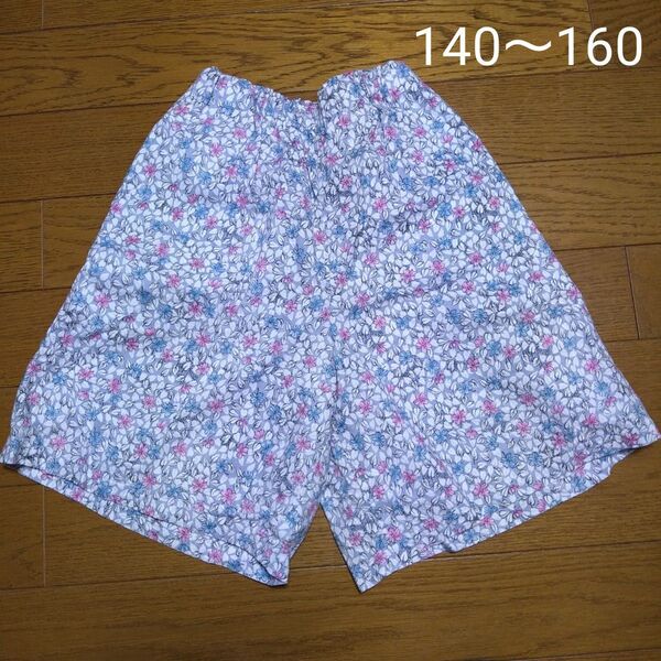 ハンドメイド キュロットスカート 130cm 140cm 150cm 160cm ウエストゴム 夏物 小花柄 ライトブルー ピンク