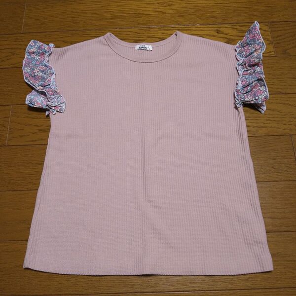 ペアマノン Tシャツ 130cm 140cm 150cm くすみピンク 小花柄 ワッフル 袖フリル