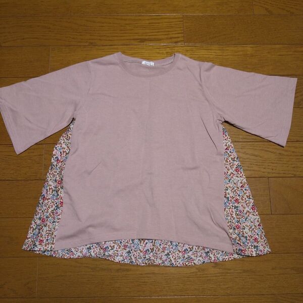 ペアマノン Tシャツ 140cm くすみピンク 小花柄 五分袖 バック 切り替え ドッキング キッズ服 子供服 女の子
