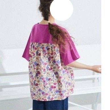 ペアマノン Tシャツ 140cm マゼンタピンク ショッキングピンク 花柄 五分袖 バック 切り替え ドッキング キッズ服 子供服