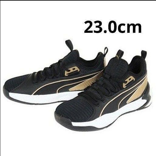 プーマ 23cm バッシュ ブラック ゴールド バスケットシューズ 23.0 黒色 金色 ミニバス 小学生 スポーツ 室内履き