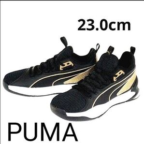 プーマ 23cm バッシュ ブラック ゴールド バスケットシューズ 23.0 黒色 金色 ミニバス 小学生 スポーツ 室内履き