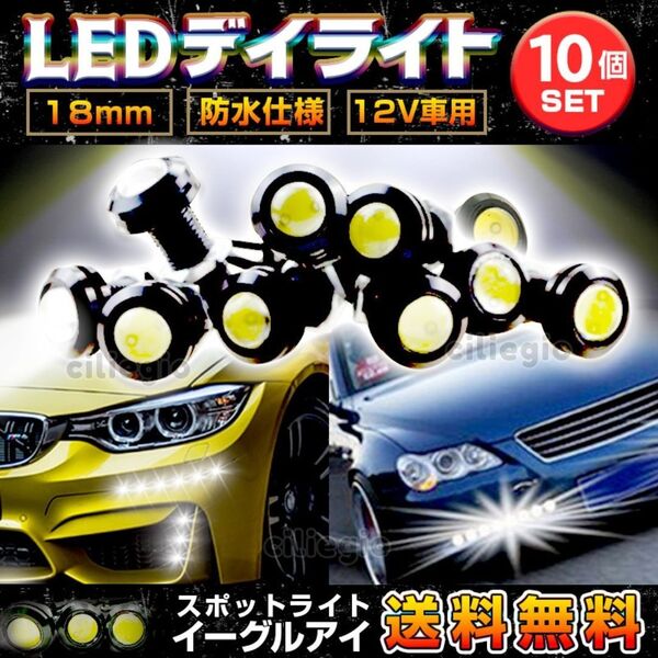 スポットライト イーグルアイ デイライト LED 12v 18mm ボルト固定 埋込 防水 カスタム ホワイト 10個 セット