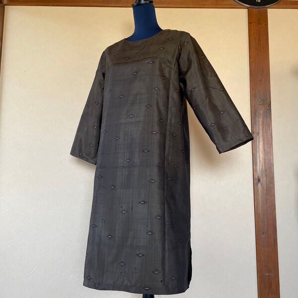 正絹銘仙のような紬着物リメイク チュニックワンピース 深緑茶グレー系
