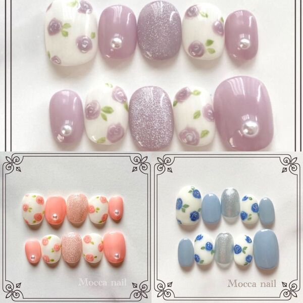 ブルー パープル ピンク ローズ ネイルチップ フラワー くすみブルー お花 マグネット ニュアンス 春