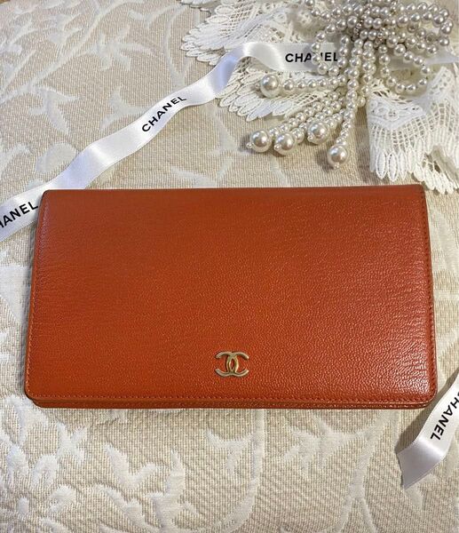 CHANEL シャネル 長財布 財布 ウォレット ココマーク レザー オレンジ ブランド財布 レザー小物 箱なし
