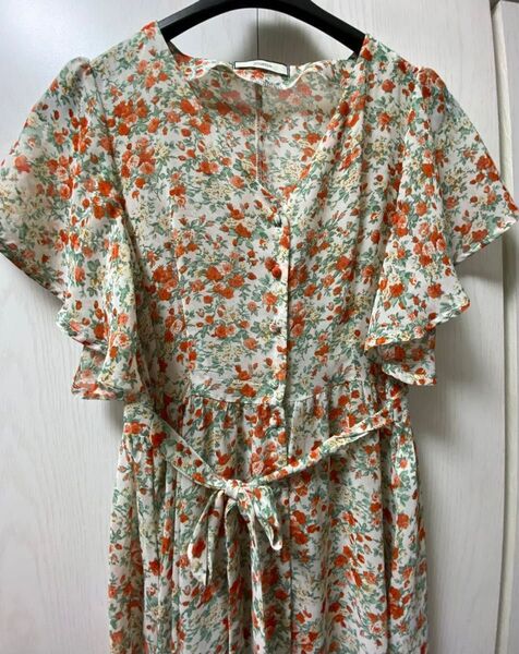 半袖 フレンチ ロングワンピース マキシワンピース ロングフレアワンピース シアー シフォン 花柄ワンピース アシンメトリー M