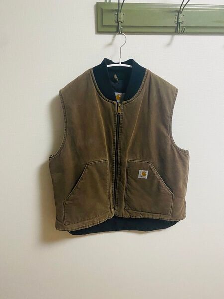 90s 腰ゴム USA製 Carhartt カーハート ベスト ダック ダックベスト 古着 ブラウン