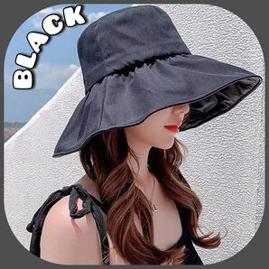 セール☆女優帽子 ブラック 黒 帽子 バケットハット 紫外線対策 夏 レディース つば広帽子 新品未使用 UVカット