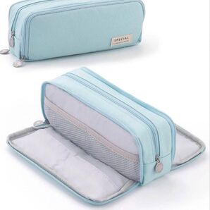 両面開き大容量ペンケース筆箱 多機能 化粧ポーチ 学生 社会人用 水色