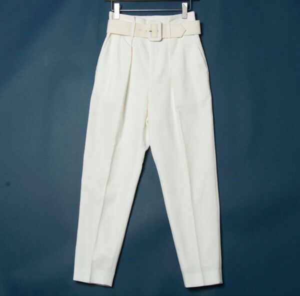 【美品】ebure エブール・ハイウエスト スラックスパンツ ワイドパンツ ベルト付き 裏地あり 綿100% 34(S相当) 白