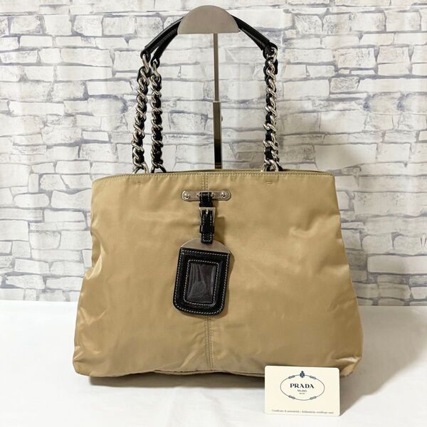 【美品】PRADA プラダ・トートバッグ 肩掛け チェーン×レザーショルダー ナイロン 三角ロゴ白タグ ネームタグ&カード付き