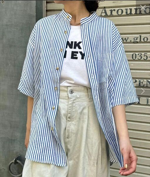 CIAOPANICTIPY ウォッシャブルリネンレーヨン半袖バンドカラーシャツ