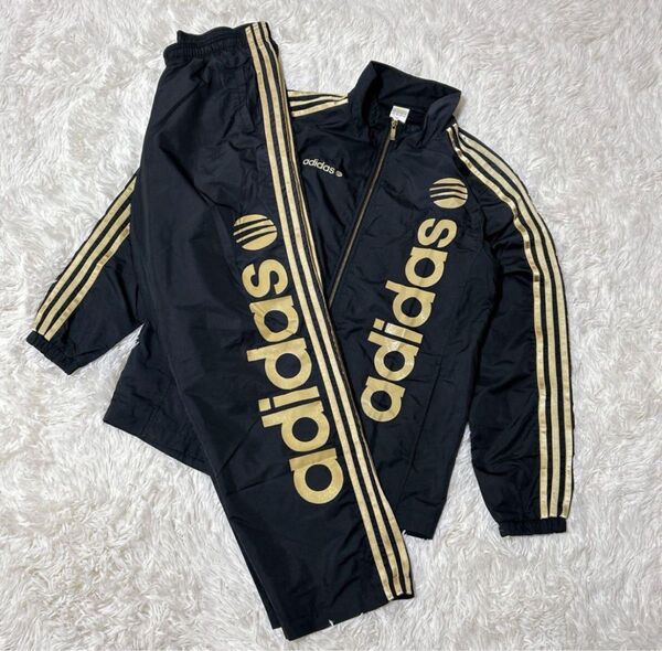 【686】美品 adidas ウィンドブレーカー 上下セット ブラック ゴールド アディダス セットアップ MENS 黒 金