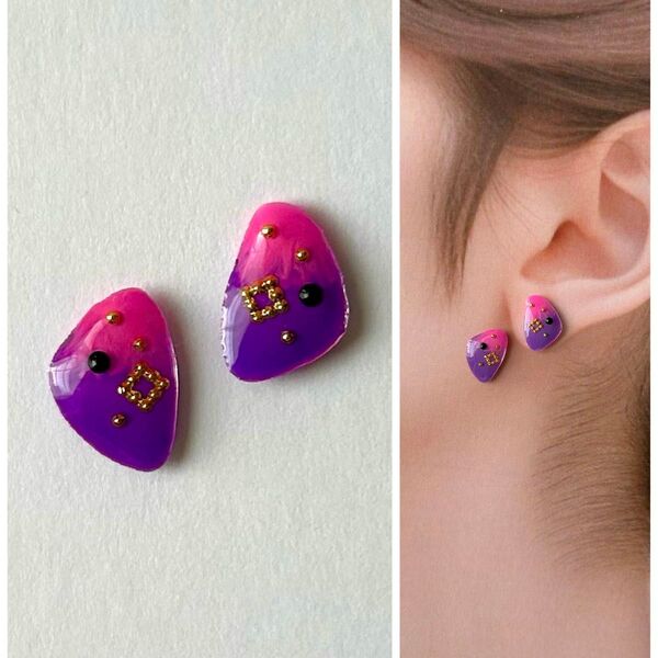 No.118ハンドメイドピアス イヤリング レジン ピアス パープル ゴールド 紫