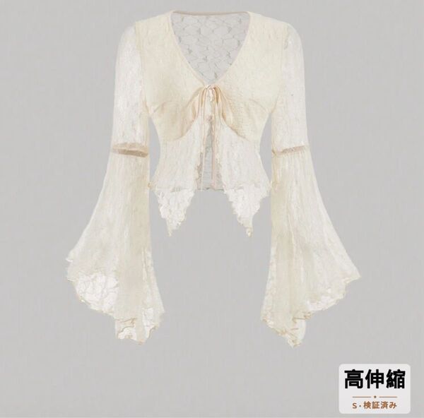 【美品】SHEIN MOD 透け感あるレース ゆる袖 トップス リボン ディテール長袖 アイボリー シアー カーディガン ボレロ