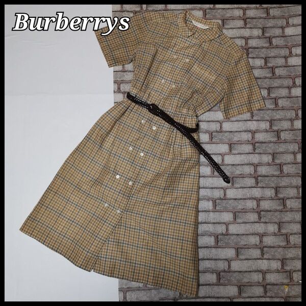 90s Burberrys バーバリー チェック柄 半袖 シャツワンピース ビンテージ 革ベルト付き