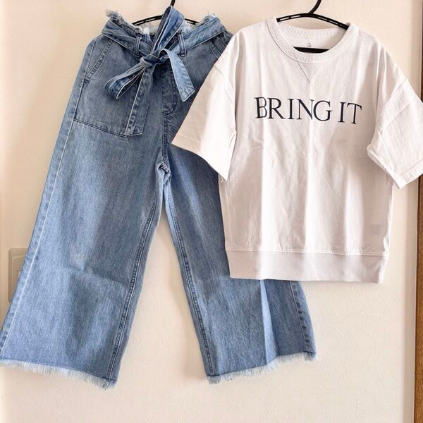 ロゴ半袖トップス ベルト付き裾フリンジワイドデニムパンツ 140cm 子供 女の子 カジュアル 可愛い