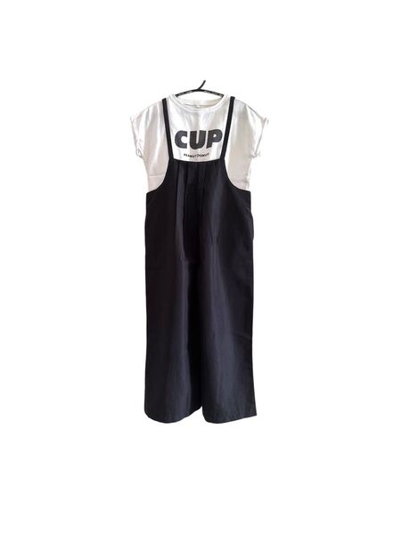 【coca】トップス&サロペットセット ブラック×ホワイト 黒白 130〜140 コカ キッズ ガールズ 子供 女の子