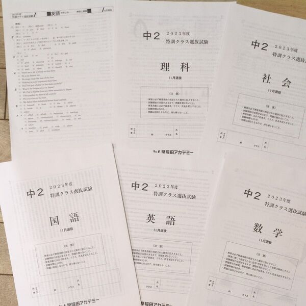 早稲アカ 中2 特訓選抜 5科 2023年11月実施