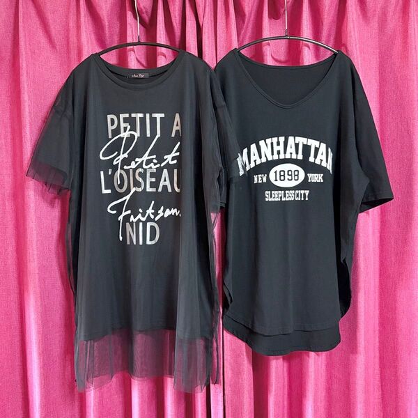 半袖カットソー オーバーサイズ Tシャツ 2枚セット チュールレース 英字ロゴ