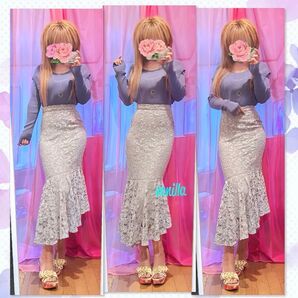 フリルリブニット 総レース マーメイドスカート 綺麗目 お姉ギャル コーデセット