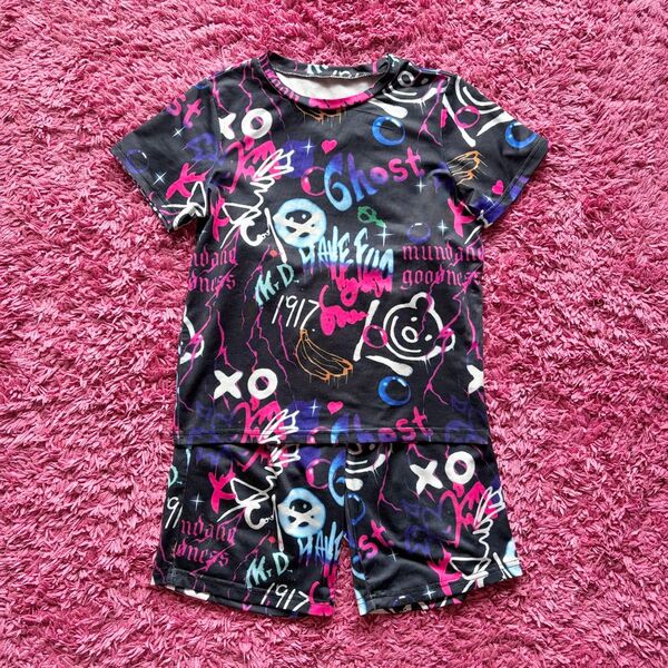 120cm【SHEIN KIDS】ネオンプリント 総柄 セットアップ 上下セット