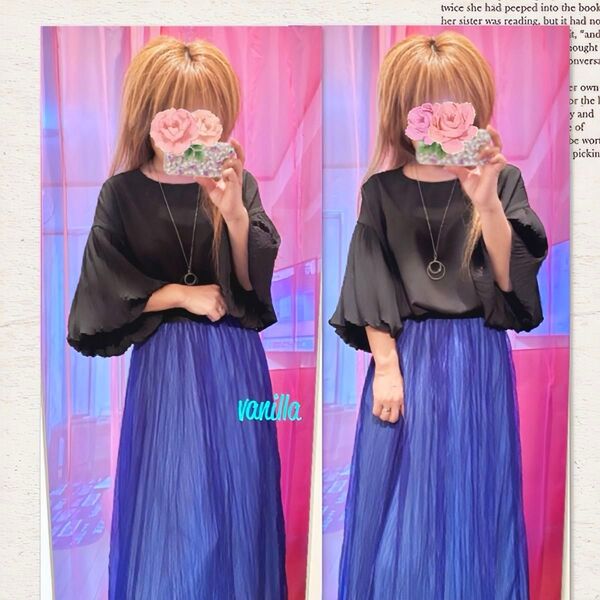 バルーンスリーブ シフォンブラウス 鮮やかブルー フレアスカート 綺麗目コーデ