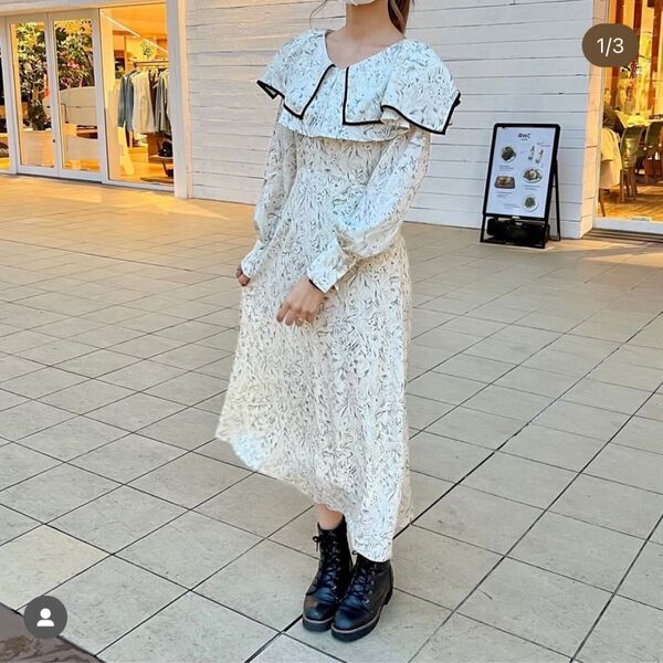 abc une face フリル襟 ロング ワンピース フリーサイズ 水色 花柄 長袖 ラッフルカラー ワンピース ワンピ