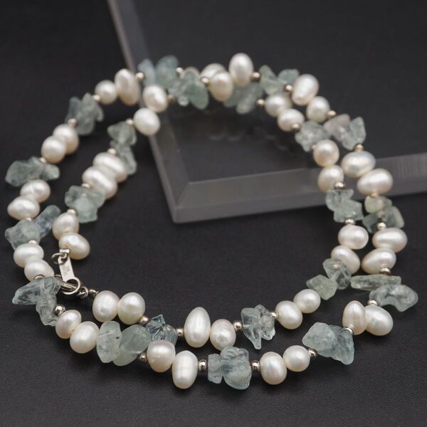 J345 淡水真珠 パール アクアマリン STERLING SILVER925刻印 ネックレス デザイン シルバー 3月 6月誕生石