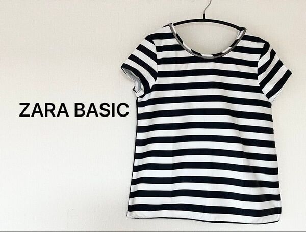 ザラベーシック ZARA BASIC ボーダーカットソー フレンチスリーブ ビジュー付 ホワイト×ネイビー サイズS