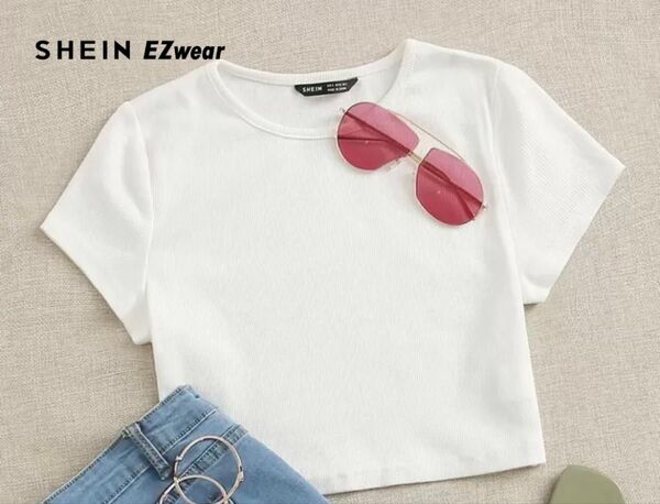 シーイン SHEIN EZwear 無地柄 リブニット クロップシャツ トップス カットソー 白 ホワイト ショート丈 XL